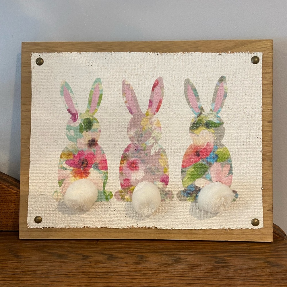 Floral Easter Bunny Wall Hanging – Wood Frame w/ Pom Pom Tails – 14” x 10”
